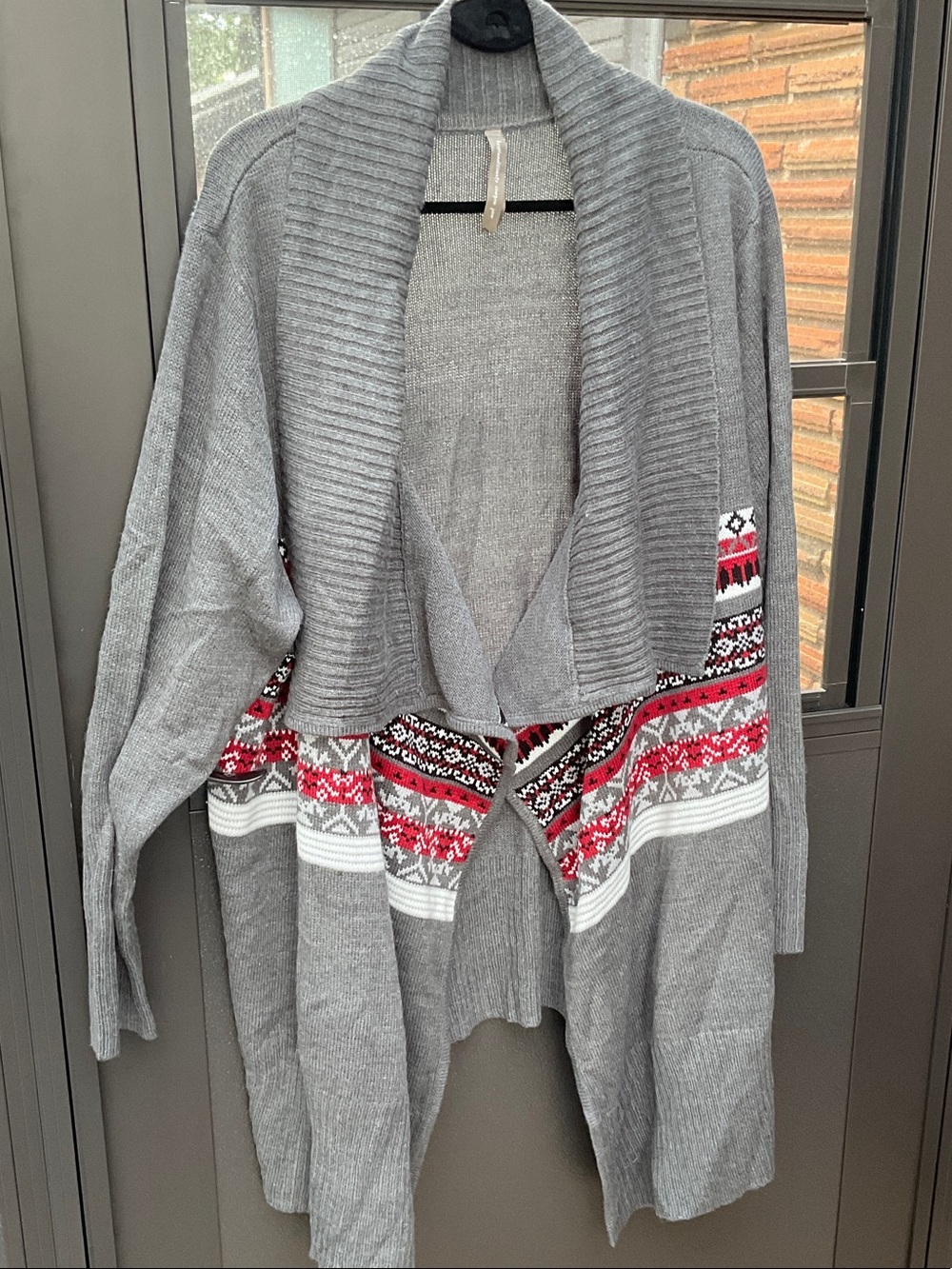 Penningtons Gray Open-Front Cardigan with Red & White Fair Isle Trim
